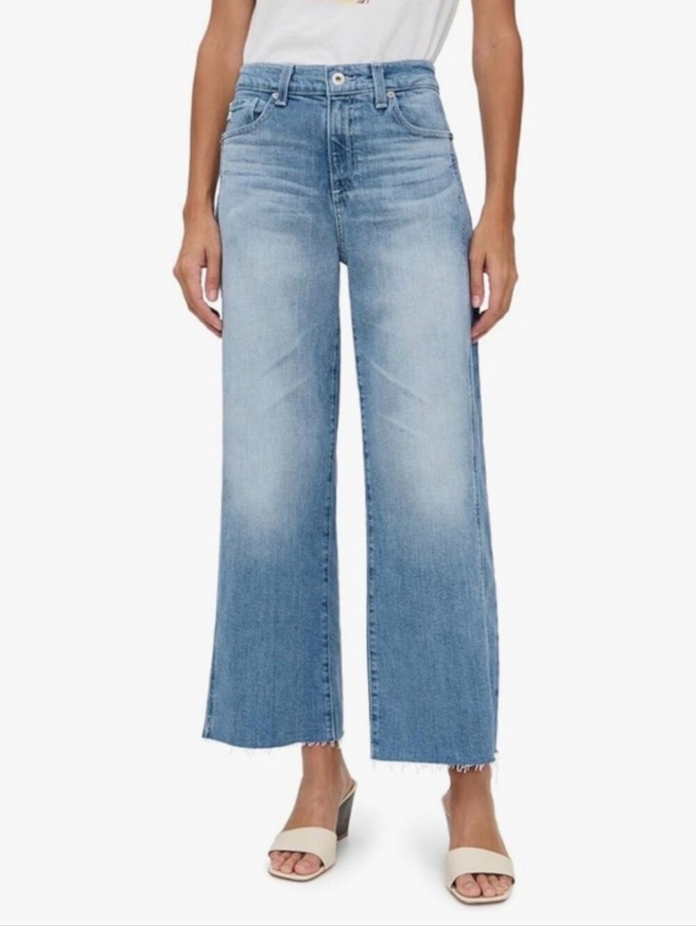 AG Saige Wide Leg Crop High Rise Jeans Light Blue Size 28 Raw Hem
